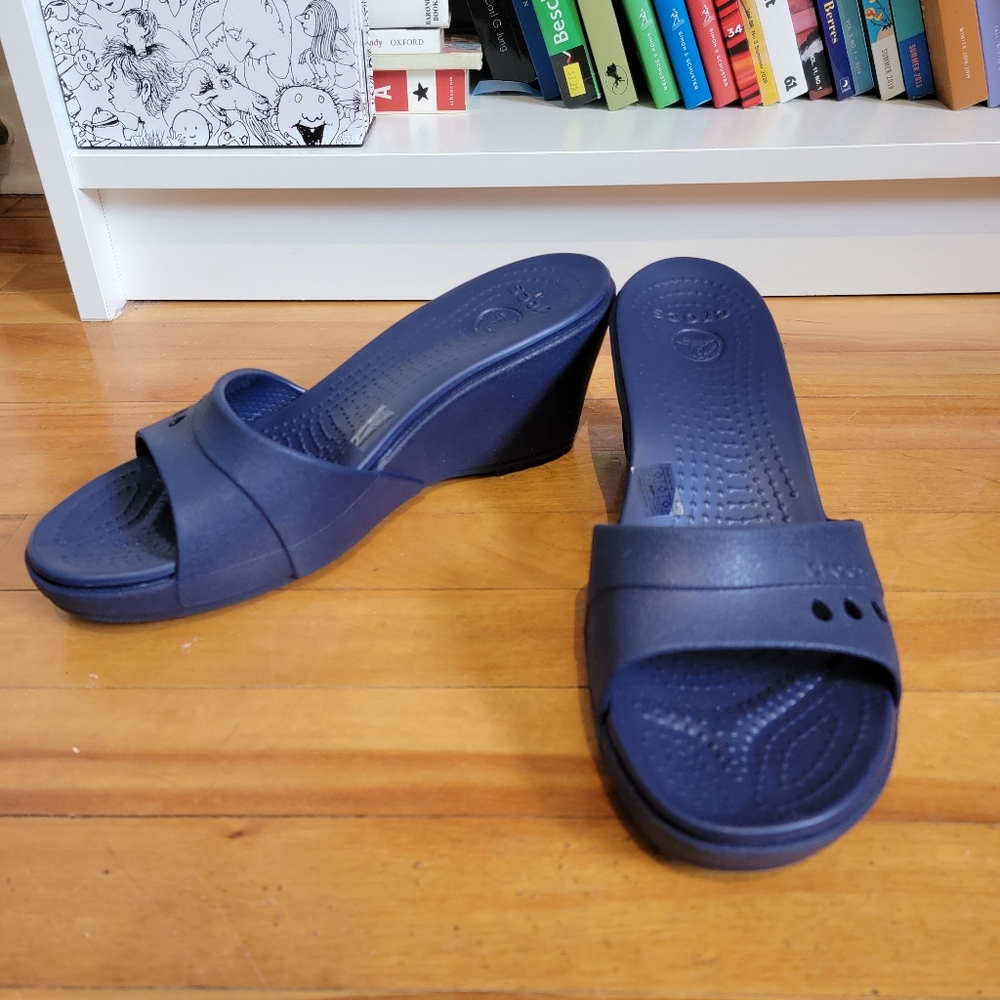 Blue Wedge Crocs Sandals